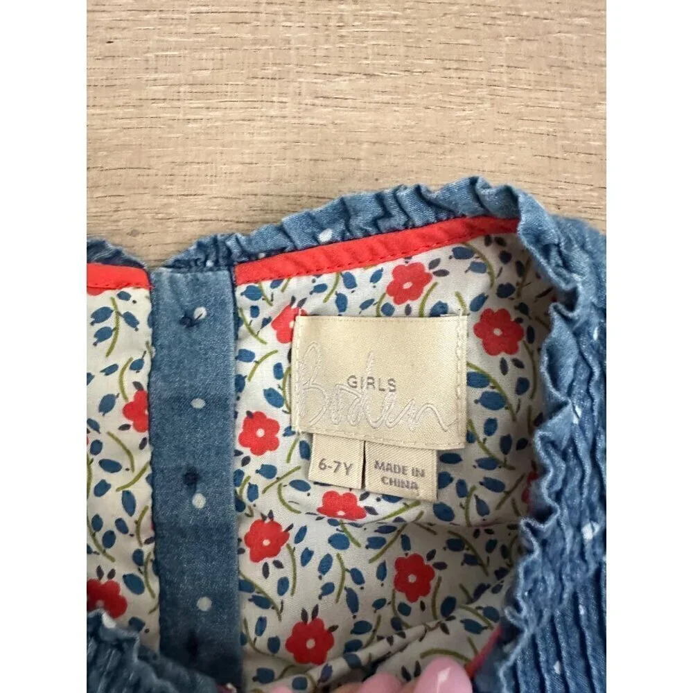 Girls Blue Polka Dot Denim Dress With Floral Lining Cap Sleeves & Button Back Cl